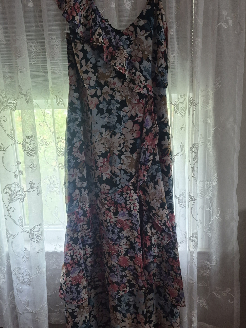 Lulu's Green Floral One-Shoulder High-Low Maxi with Tie Waist - Picture 3 of 5